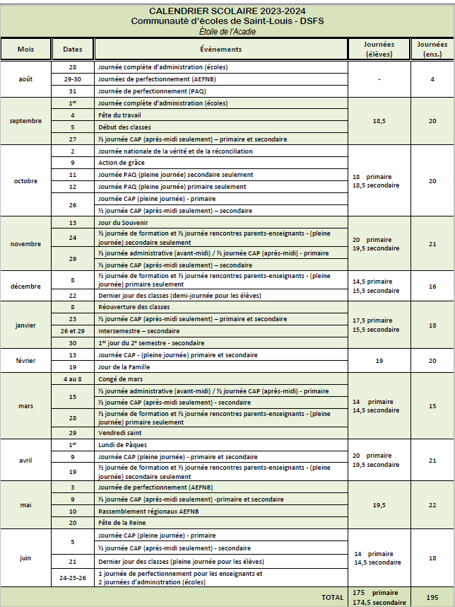 Calendrier scolaire 2023 2024