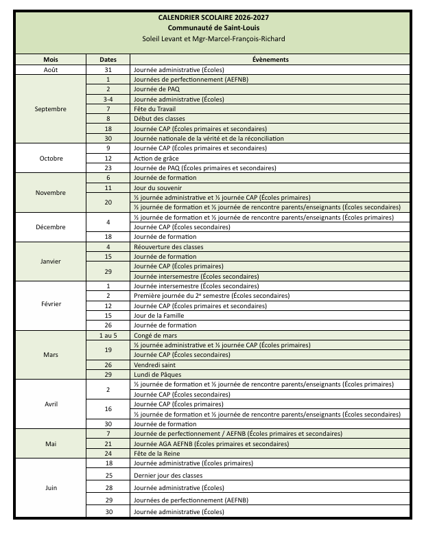 calendrier scolaire 2026 2027